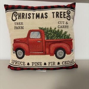 Christmas Trees Red Truck Farm Rustic‎ Holiday Decorative Pillow Accent 17x17